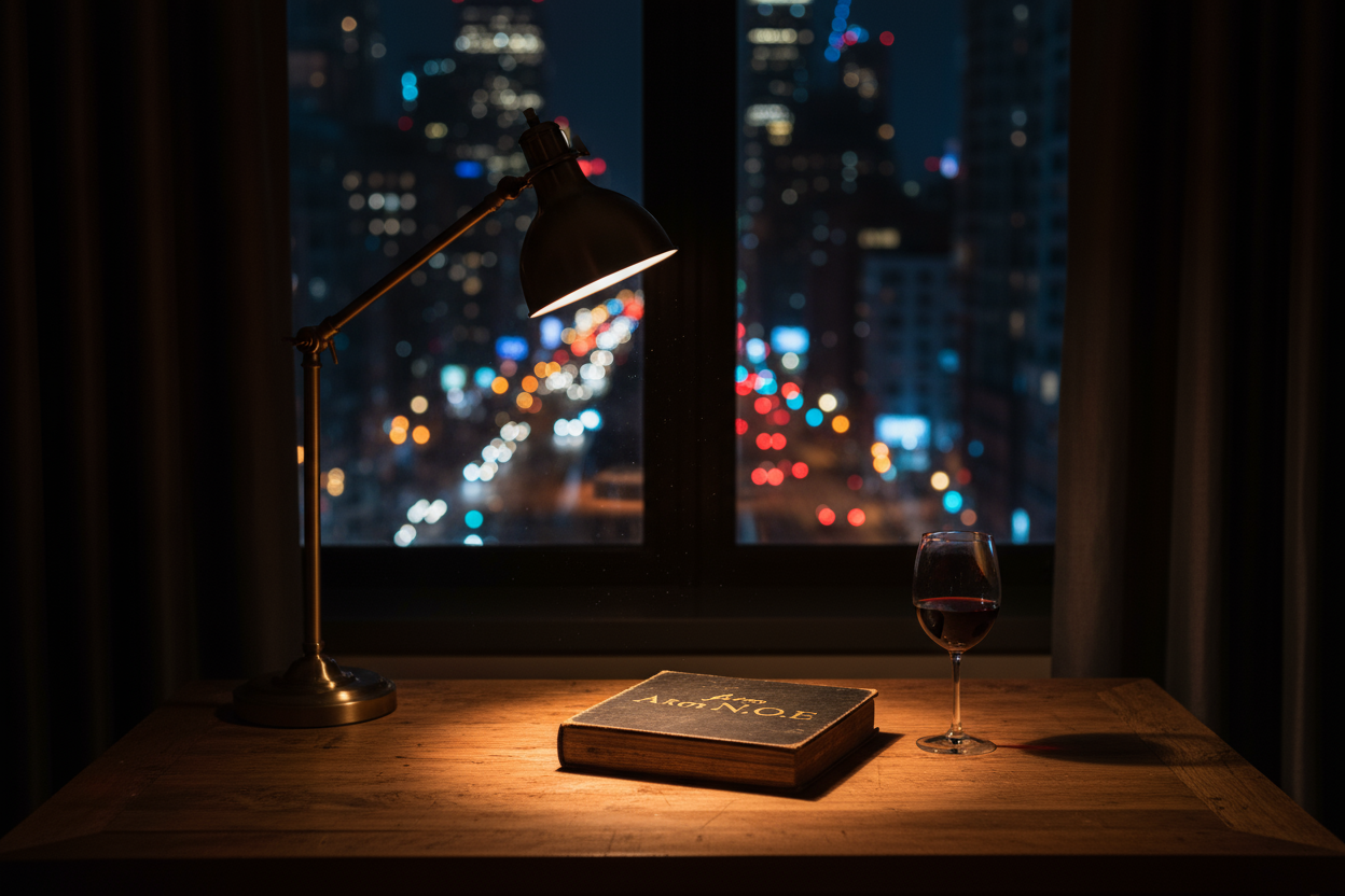 desk with a red wine eerie vibe looking out at the nyc streets from a hotel room. theres a lamp angling on a book laying on the desk. have the words Art from N.O.E appear on the cover