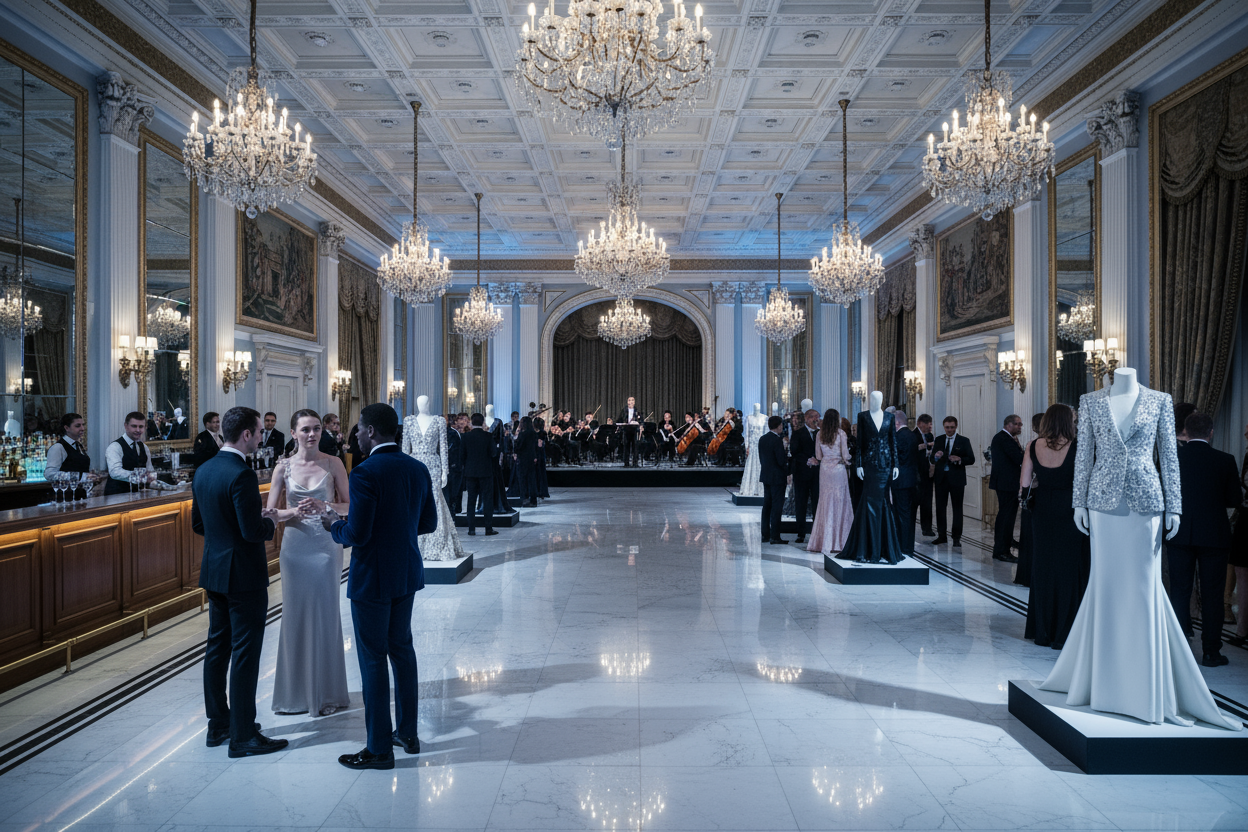 why is there a creepy dude in the center. less people. this looks like a cult. make it look like a 5 star hotel ballroom party 